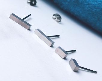 Silvery Grey Titanium Earrings 5mm & 10mm Bar Studs. Hypoallergenic and Nickel Free.
