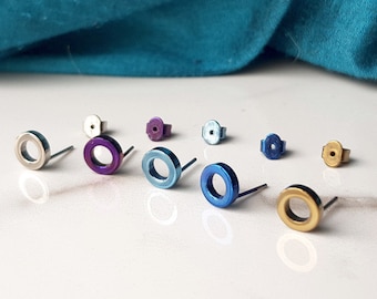 Titanium Circle Stud Earrings, Anodized Colors, Hypoallergenic Silver, Blue, Gold, Purple