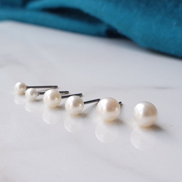 Titanium White Pearl Earrings. Freshwater AAA Cultured Pearls in 3mm, 4mm, 5mm, 6mm or 7mm. Pure Titanium Hypoallegenic & Nickel Free.