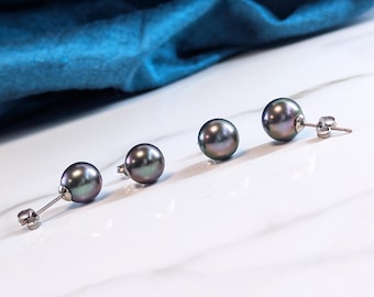 Tahitian Pearl Stud Earrings: 9mm Black Pearls, Pure Grade 1 Titanium