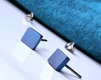 Deep Blue Titanium Earrings 5mm Square Studs. Hypoallergenic and Nickel Free.