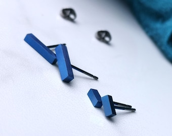 Rich Blue Titanium Earrings 5mm & 10mm Bar Studs. Hypoallergenic and Nickel Free.
