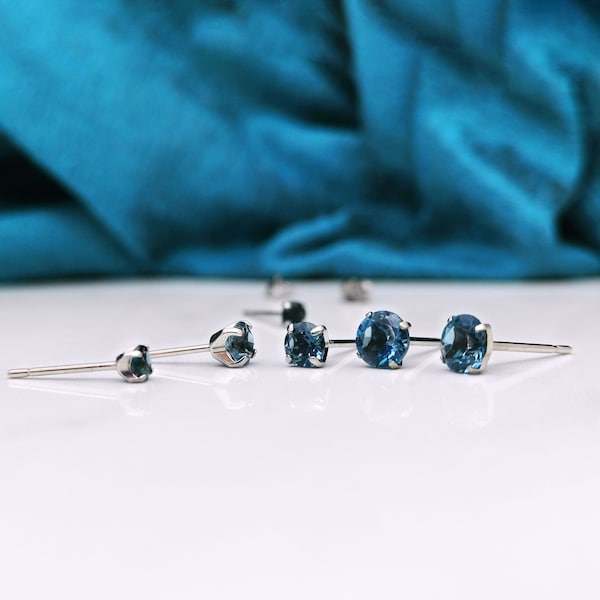 Titanium London Blue Topaz Stud Earrings. Faceted Blue Solitaire Studs in 3mm,4mm,5mm or 6mm. Hypoallergenic and Nickel Free.