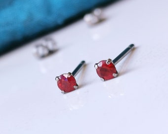 Titanium Ruby Stud Earrings. 3mm Faceted Deep Red Solitaire Studs. Hypoallergenic and Nickel Free.