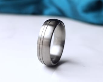 Matte Titanium Wedding Band, Double Groove Ring, Nickel Free