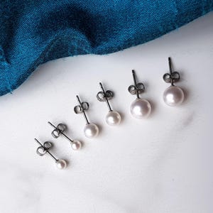 Titanium White Akoya Pearl Earring Studs in 3/5/7mm. Pure Titanium, Hypoallergenic and Nickel Free.