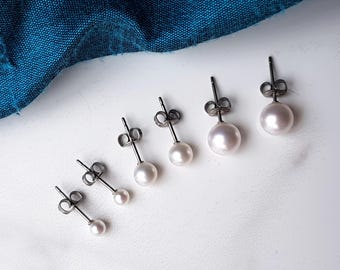 Titanium Akoya Pearl Stud Earrings, Hypoallergenic, Nickel Free