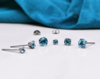 Titanium Swiss Blue Topaz Stud Earrings - Hypoallergenic Solitaire Studs Nickel-Free 3mm 4mm 5mm 6mm