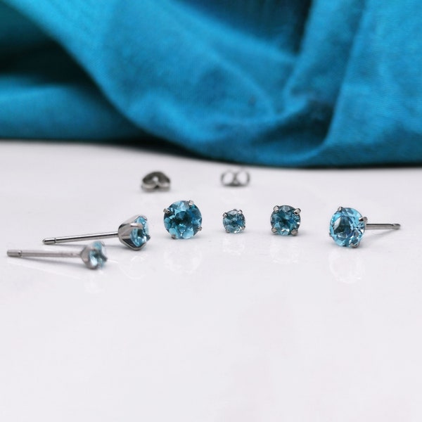 Titanium Swiss Blue Topaz Stud Earrings. Faceted Blue Solitaire Studs in 3mm,4mm,5mm or 6mm. Hypoallergenic and Nickel Free.