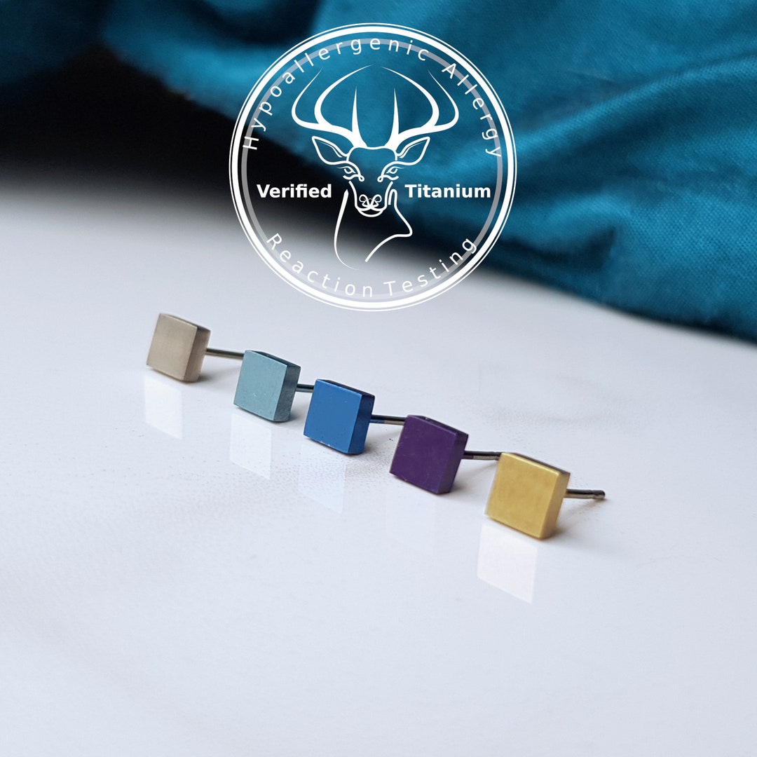 Titanium 5mm Square Studs. Gold, Light Blue, Dark Blue, Purple or