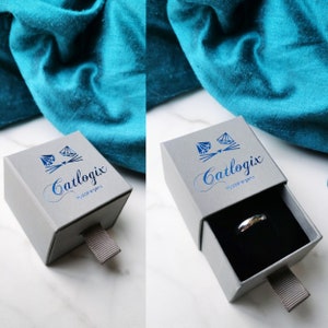 Op de afbeelding: Een grijze ringendoos met een blauw en wit kattenlogo met de tekst "Catlogix Hypoallergeen". De doos is open en er ligt een zilveren ring in.