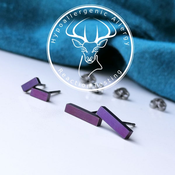 Purple Titanium Earrings 5mm & 10mm Bar Studs. Hypoallergenic and Nickel Free.