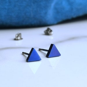 Titanium Dark Blue Triangle Stud Earrings, 5mm Wide. Hypoallergenic and Nickel Free. Simple Pure Titanium Modern Studs.