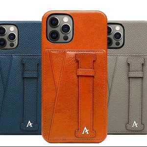 Funda de cuero para iPhone con ranura para tarjetas y presilla para el dedo / Delgada y protectora / Dos ranuras para tarjetas / Presilla para el dedo / Cuero italiano / Hecha a mano