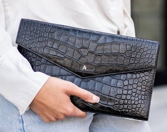 Leather Clutch handbag Croc Print | Evening Bag | Magnet Clutch | Slim | Luxurious | Italian Leather | Available in Black, Green, and Grey.