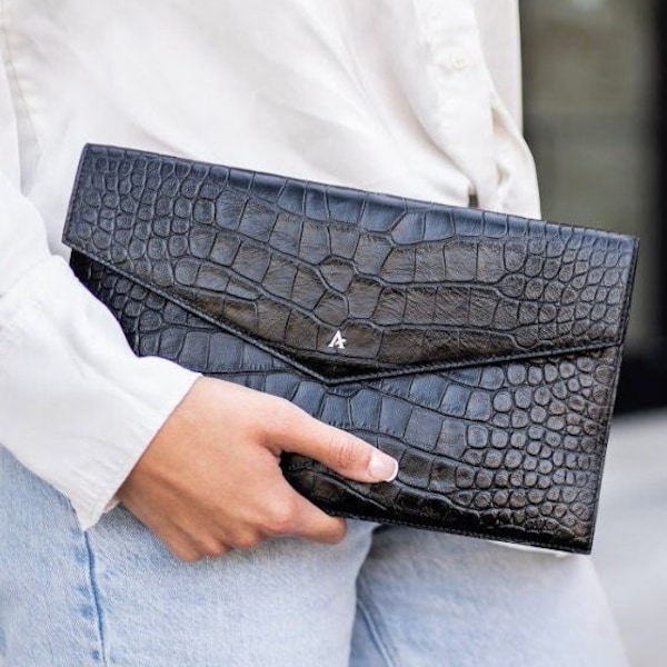 Leather Clutch handbag Croc Print | Evening Bag | Magnet Clutch | Slim | Luxurious | Italian Leather | Available in Black, Green, and Grey.