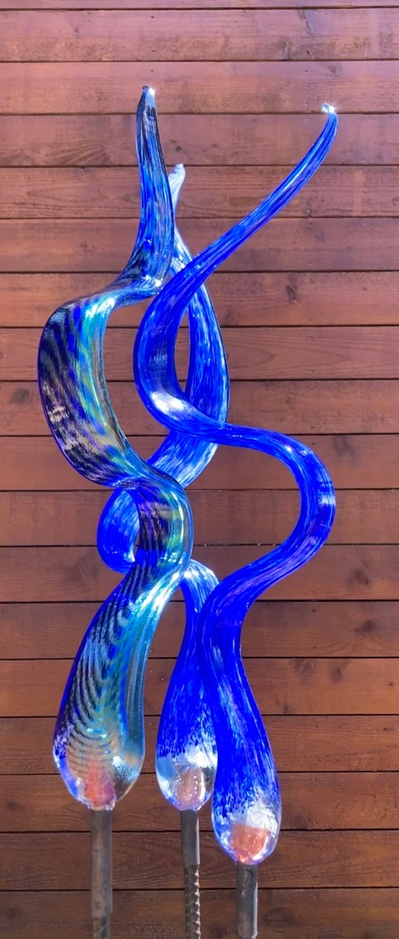 Hand blown garden glass Glass Yard Art dark blue and aqua Etsy