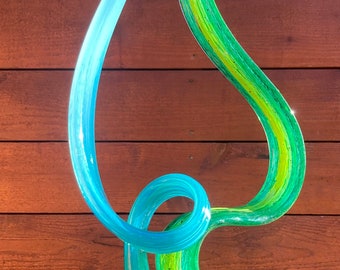 Arte de jardín de vidrio soplado a mano, hojas de vidrio azul y verde