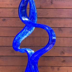 Hand made pair of Blue Glass Garden Leaves Art Sculpture.