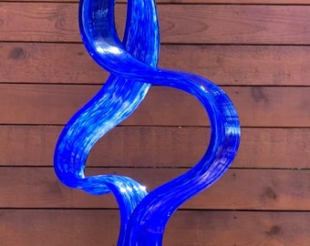 Hand made pair of Blue Glass Garden Leaves Art Sculpture.