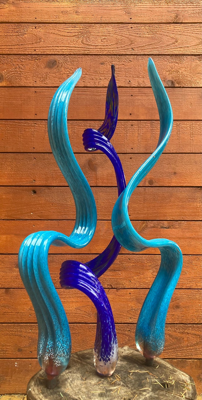 Handblown Glass Handmade Yard Art Trio of Glass Leaves Aqua Etsy