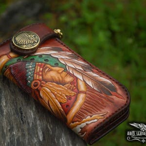 Cartera larga, Cartera de cuero, Cartera de motociclista, Tallado de cuero, Artesanía, Cartera, Cuero tallado a mano, Artesanía en cuero