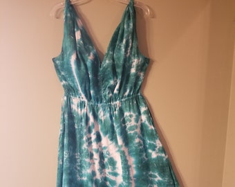 Womens tie dye dress, long a-line skirt in dark ocean green and white tie dye, hippie dress, women 10 petite, ladies medium/large dress