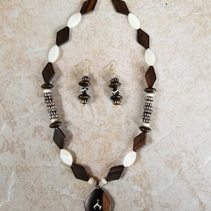 Wood and Shell Necklace and Earring Set