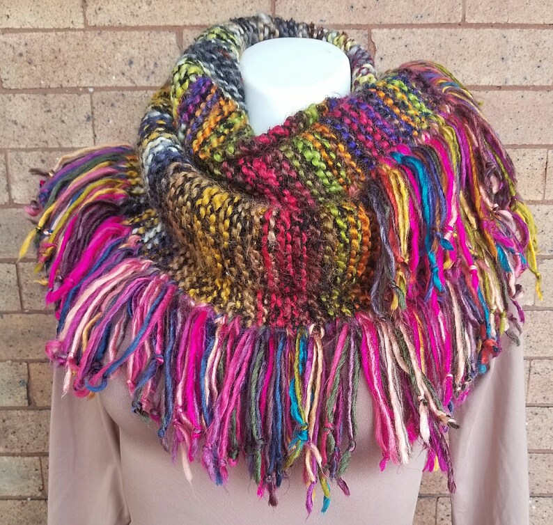 Knitted MultiColor Infinity Scarf with Fringe Etsy