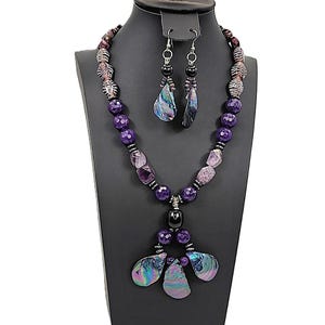 Purple Shell Glass and Stone Necklace and Earring Set