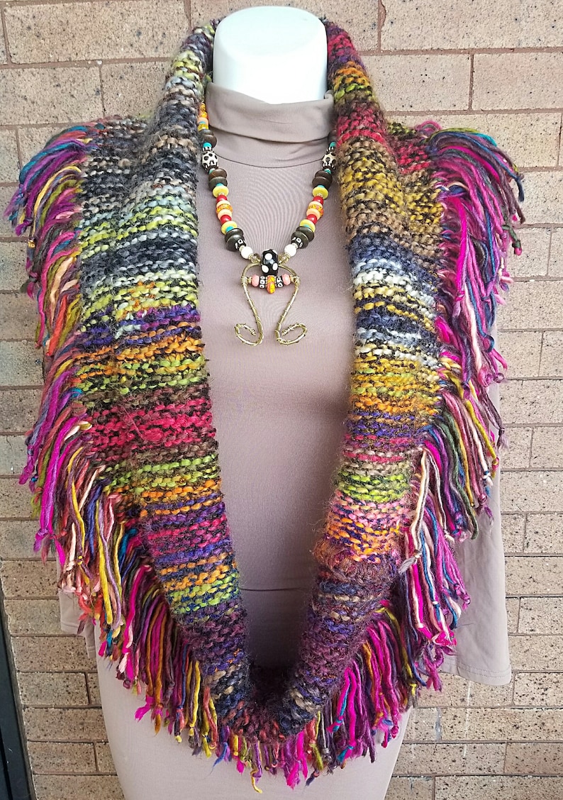 Knitted MultiColor Infinity Scarf with Fringe Etsy