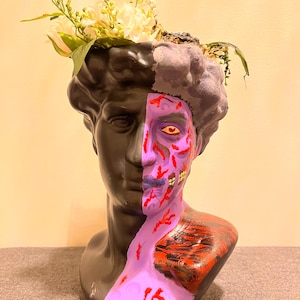 May include: A sculptural head planter featuring a split design. One side is solid matte black, while the other side is painted in vibrant purple with red textured details and a single eye. The top of the head holds a cluster of white artificial flowers.