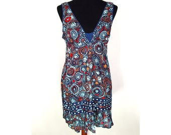 90's Free People Dress Navy Blue With Abstract Pattern Crochet Lace Deep V in Front and Back Sz 12