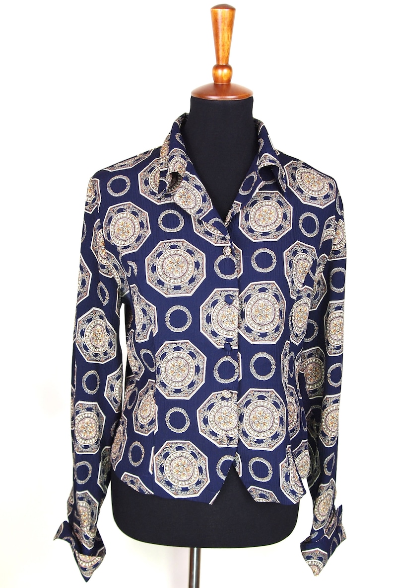 Deep Purple Medallion Print Covered Button Long Sleeve Blouse