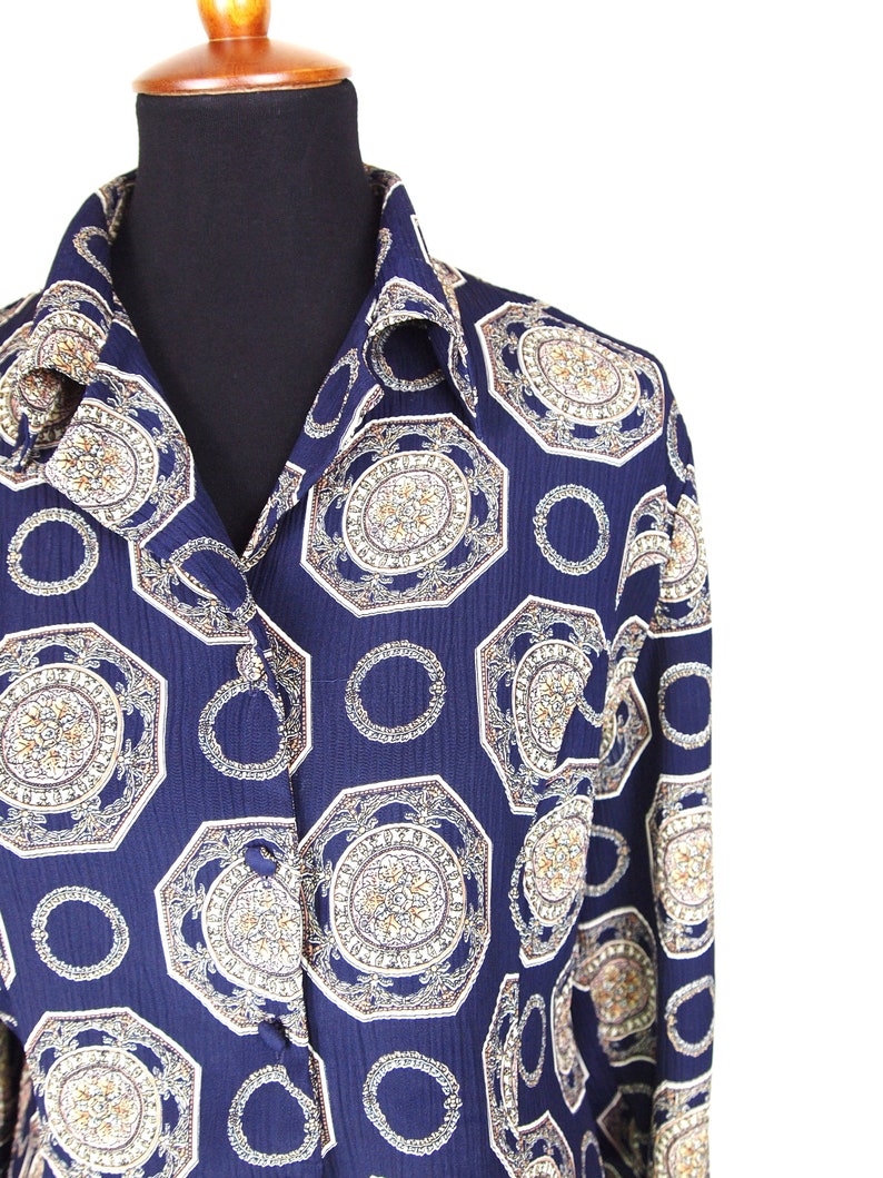 Deep Purple Medallion Print Covered Button Long Sleeve Blouse