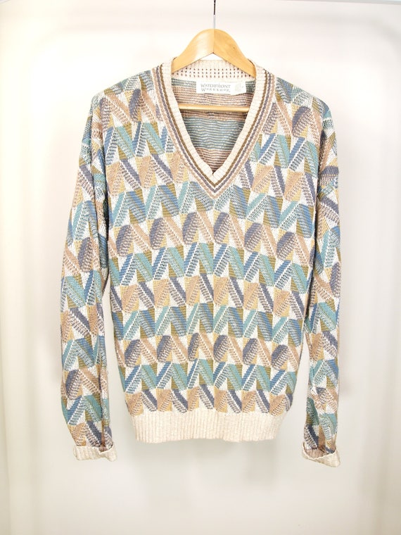 90's Pastel Blue, Green and Beige V-neck Cotton Sw