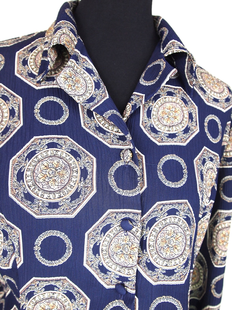 Deep Purple Medallion Print Covered Button Long Sleeve Blouse
