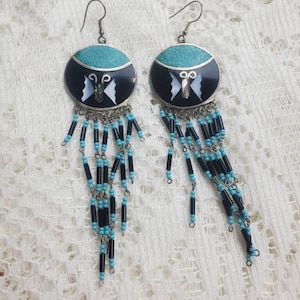 Vintage alpaca mexico silver earrings long dangle abalone and enamel inlay turqoise butterfly