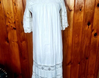 Vintage 1970s dress handmade boho dress crochet lace gown cottage core boho chic wedding m/L