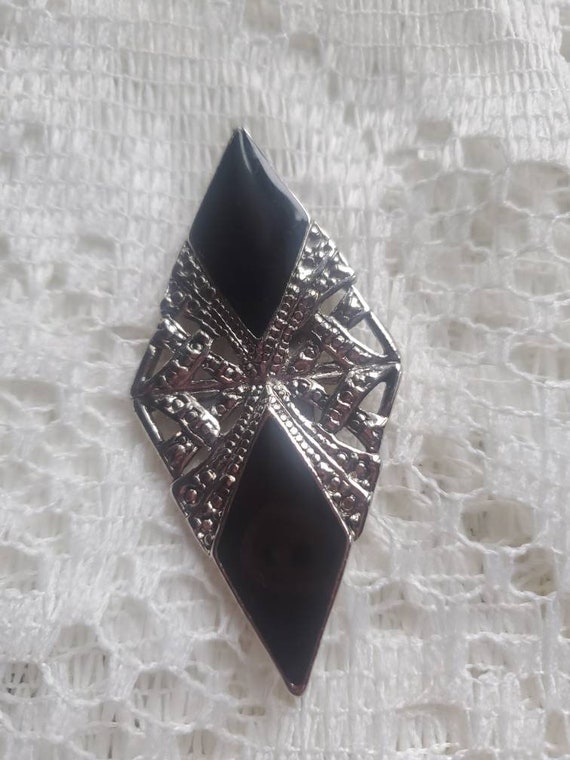 Vintage art deco revival brooch black with filigr… - image 3