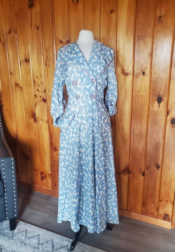 1940s dressing gown by campus girl hostess dress blue… - Gem