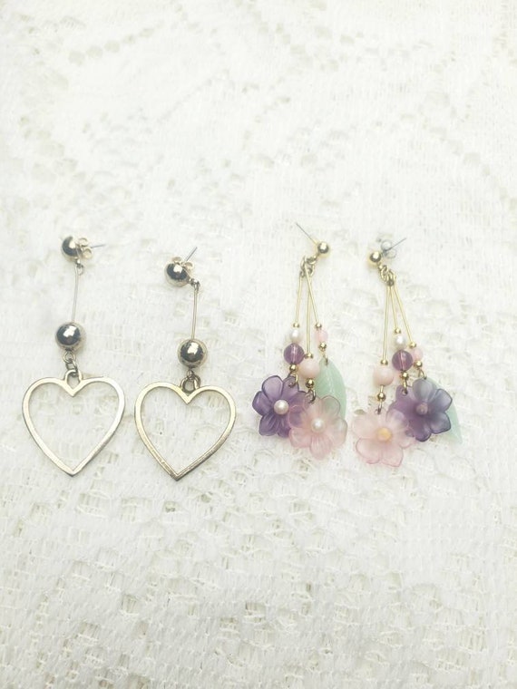 Vintage set of dangle earrings 2 pairs hearts and… - image 2