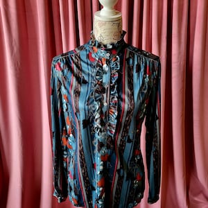 Vintage womens ruffle blouse teal pattern mixing sz 14 by jeana
