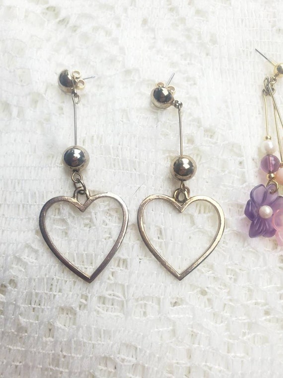 Vintage set of dangle earrings 2 pairs hearts and… - image 3