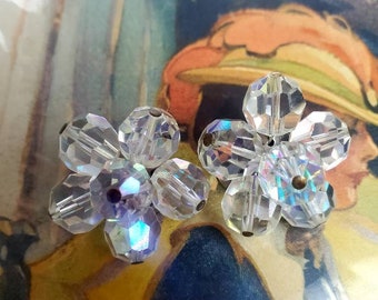 Vintage crystal  cluster clip on earrings aurora borealis flowers 40s/50s