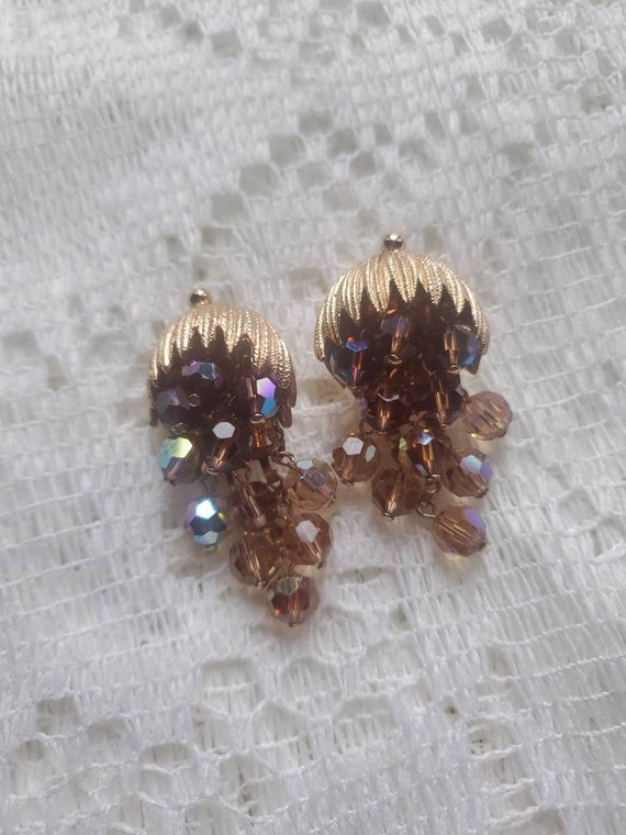 Vintage AB crystal waterfall clip on earrings hob… - image 1