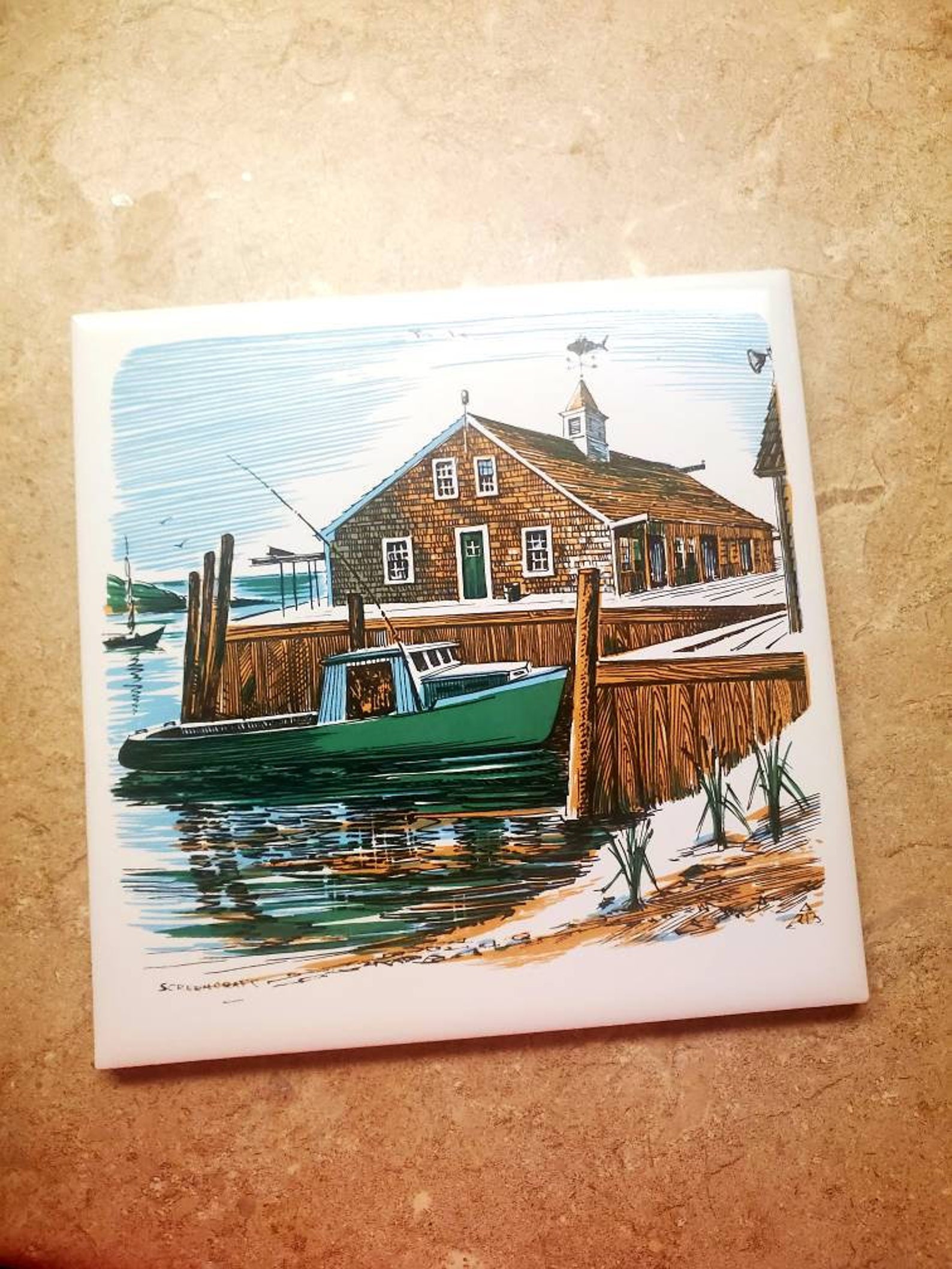 Vintage SCREENCRAFT Art Tile Boat and Harbor Scenery Ceramic Etsy