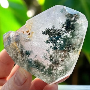 May include: A clear quartz crystal with dark green inclusions resembling a forest. The crystal is held in a hand, showcasing its multifaceted structure and natural beauty. The quartz has a slightly rough, natural texture.