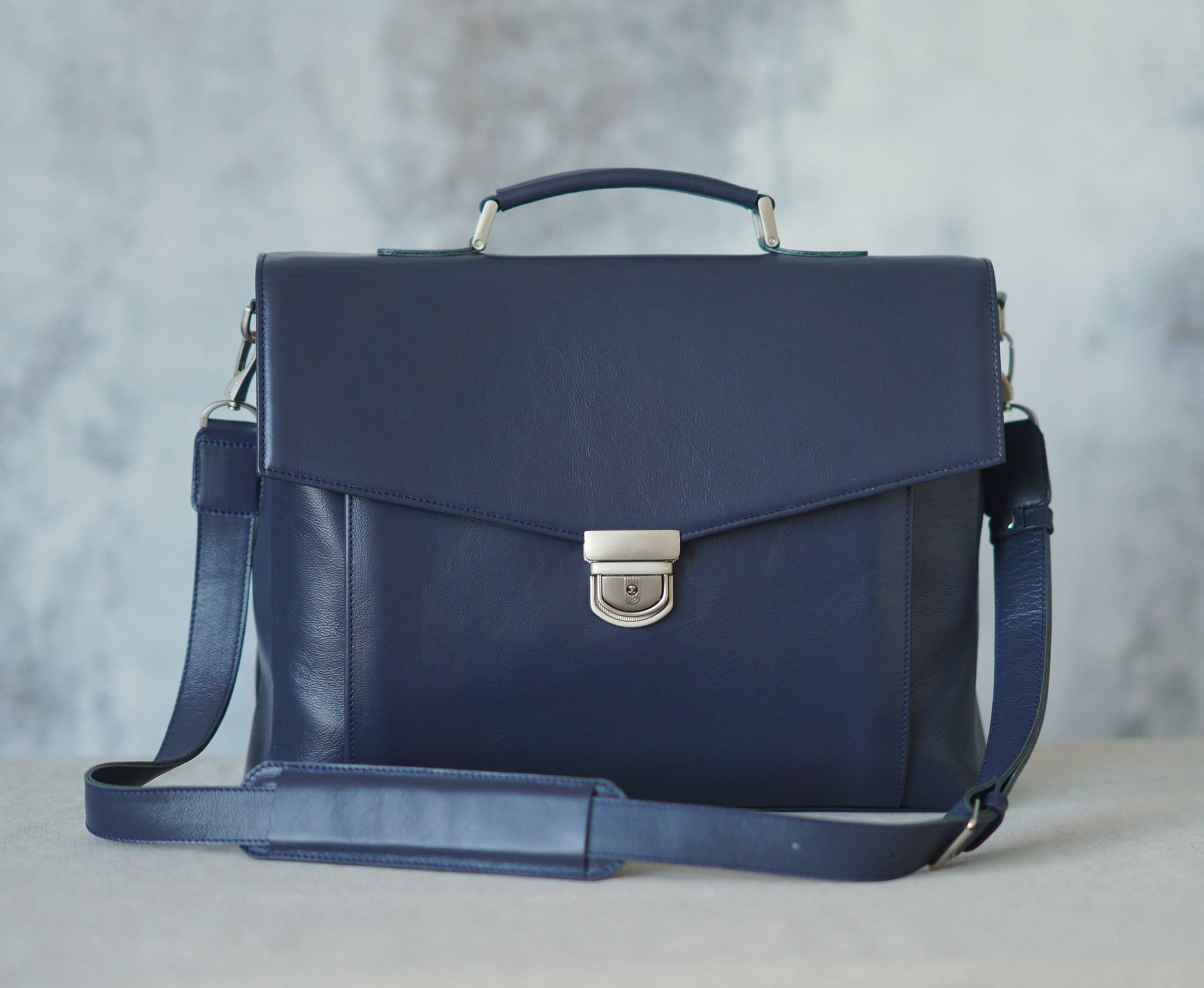 Leather briefcase Dark blue leather briefcase Men leather | Etsy
