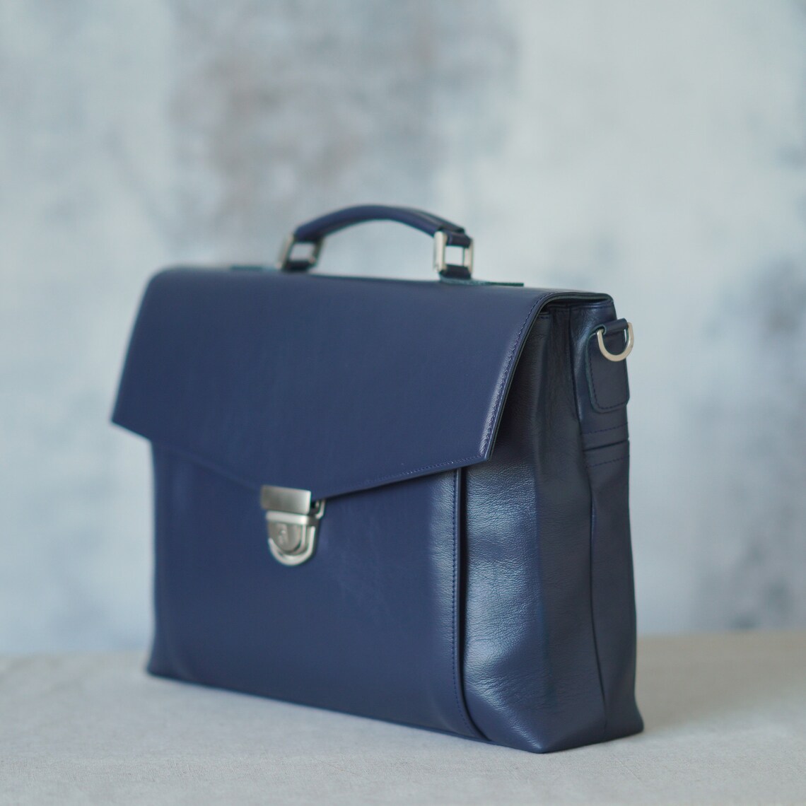 Leather briefcase Dark blue leather briefcase Men leather Etsy